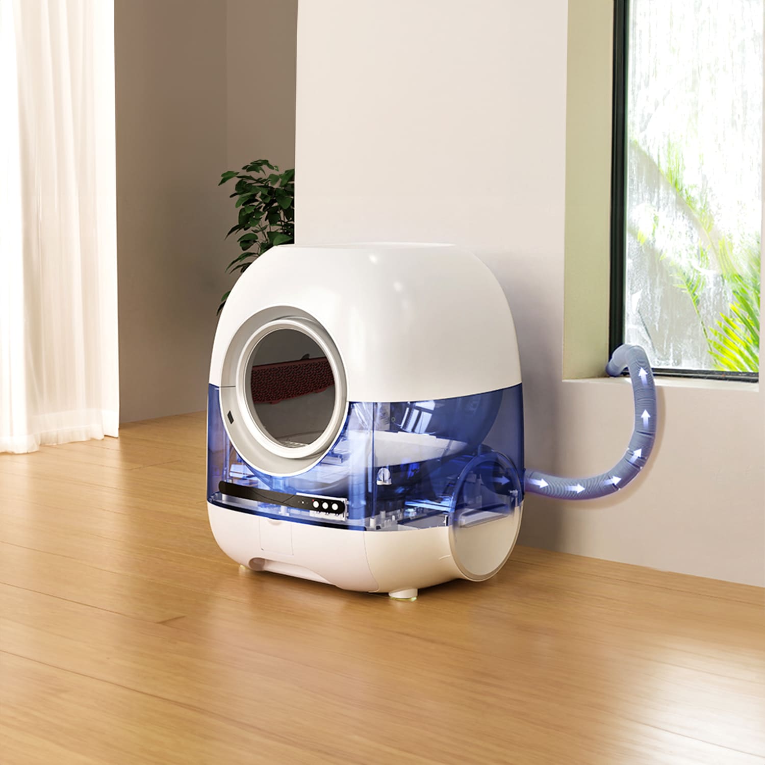 Connected cat litter box showing real-time app data and odor control features.