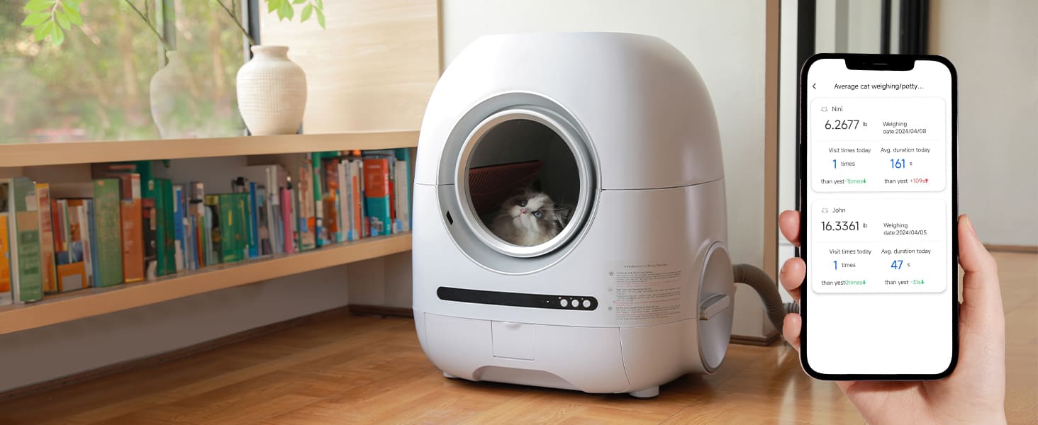 Smart cat litter box with a cat inside, showcasing advanced odor control and safety features. The connected app displays real-time data on cat's usage, ensuring a fresh and safe environment for your feline friend